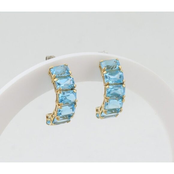 14k Yellow Gold Natural Swiss Blue Topaz Earrings Hoop Earrings 3/4" x 1/4" - Picture 1 of 8